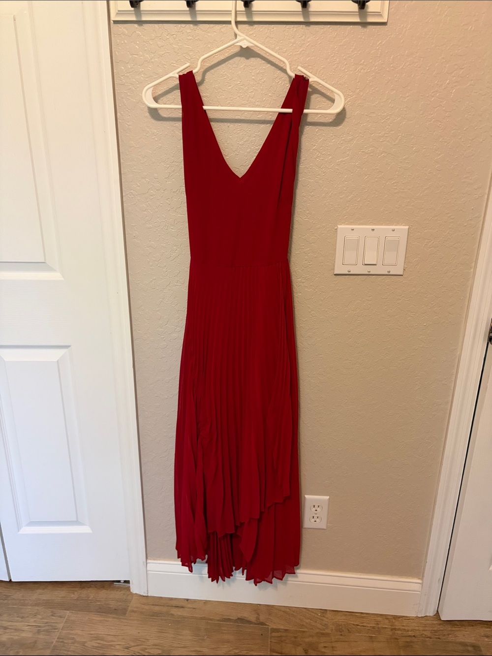 White House Black Market Red High-Low Pleated V-Neck Dress